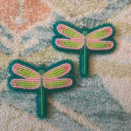 Pink and Green Dragonfly Hook Earrings