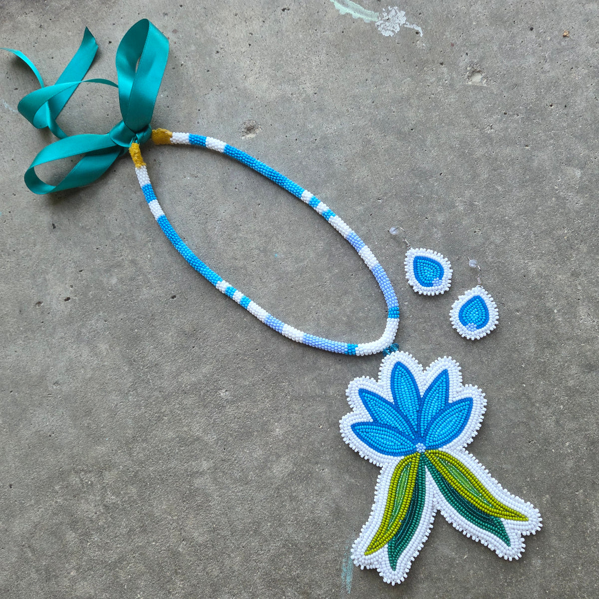 Blue Floral Necklace + Mini Earring Set