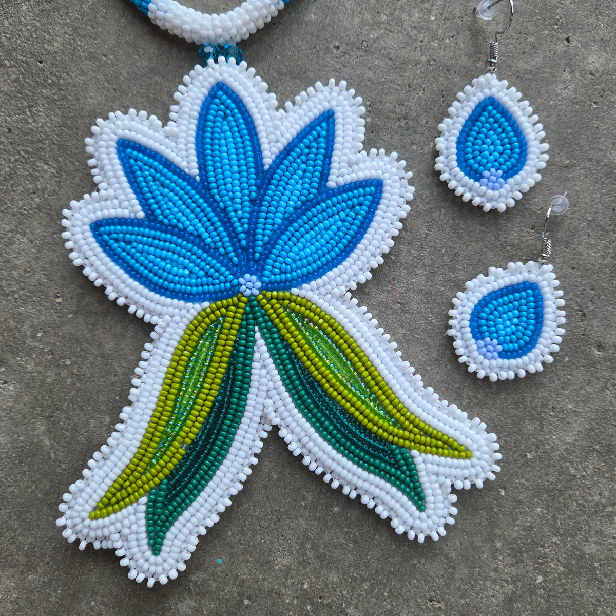 Blue Floral Necklace + Mini Earring Set